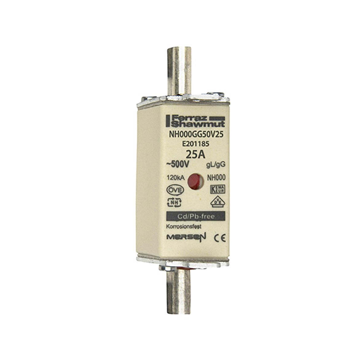 E201185 - NH fuse-link gG, 500VAC, size 000, 25A double indicator/live tags